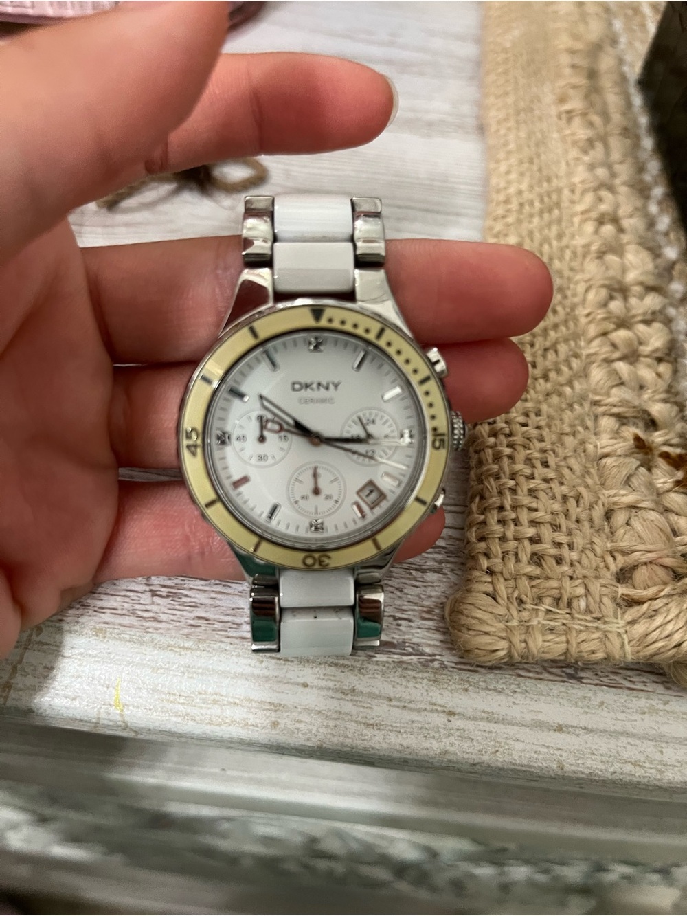 DKNY women’s White and Silver Ceramic Chronograph Watch with Beige Accent